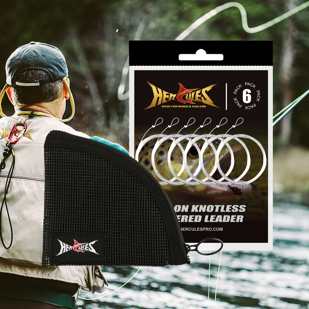 HERCULES Pre-Tied Loop Fly Fishing Leader with leader wallet Pack of 6 HERCULES