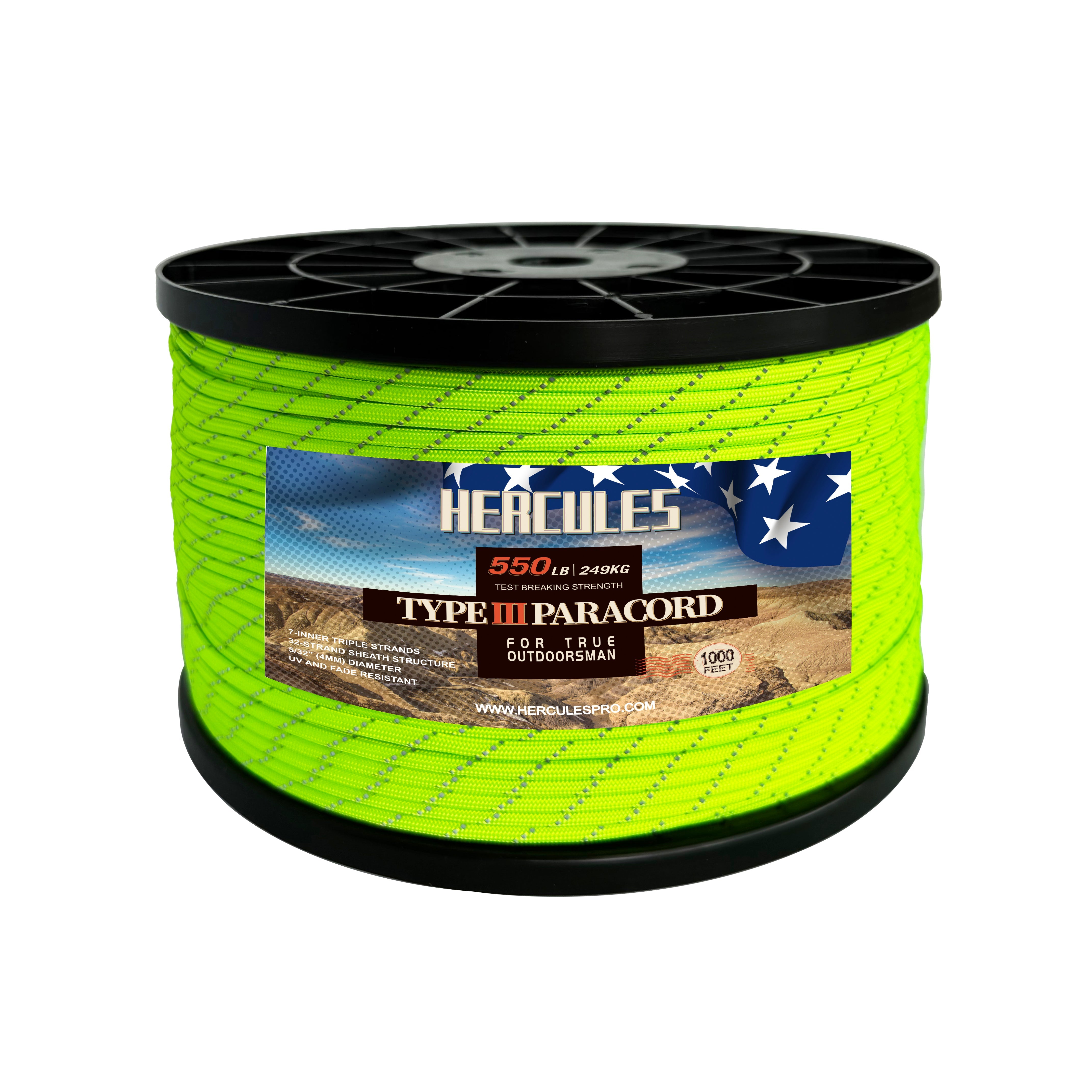 HERCULES Reflective 550 Paracord Neon Green for Camping Rope Type III Parachute Cord HERCULES