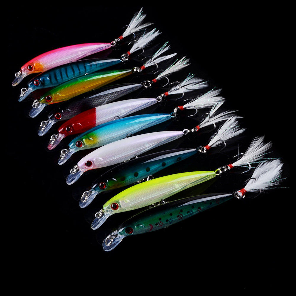 HERCULES Shallow Diving Minnow Lures Fishing Lures with Feather Tail, Pack of 10 HERCULES