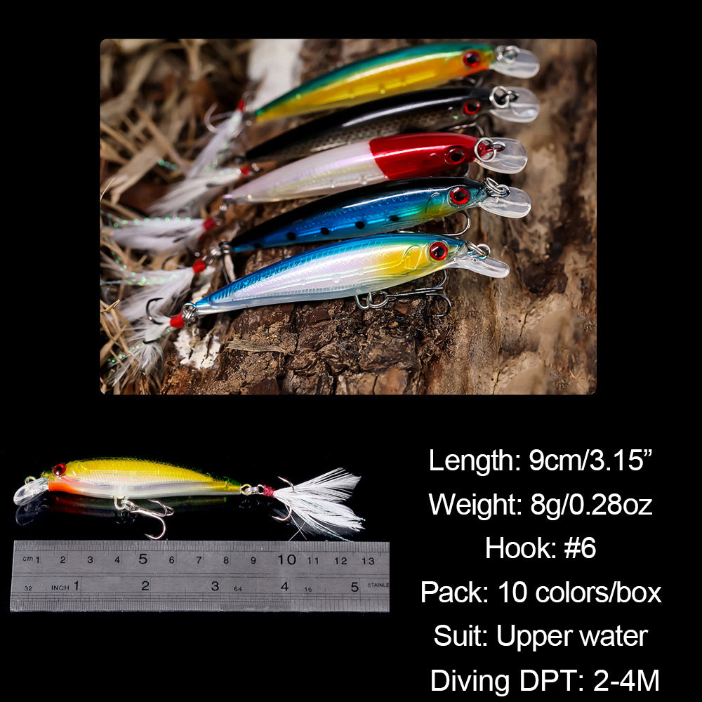 HERCULES Shallow Diving Minnow Lures Fishing Lures with Wether Tail, Pack of 10 HERCULES