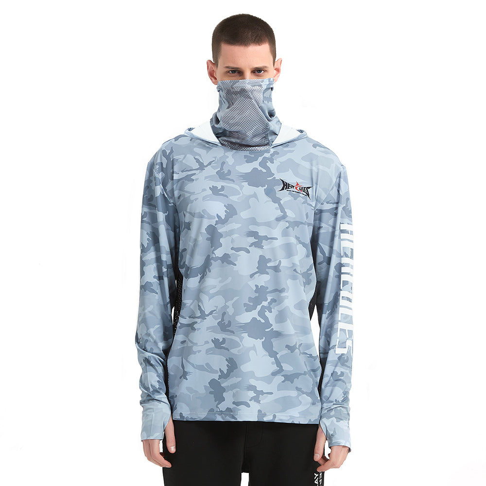 HERCULES with Neck Gaiter Men's Fishing Hoodie Sun Protection Long Sleeve Fishing Shirt Upf 50+ HERCULES