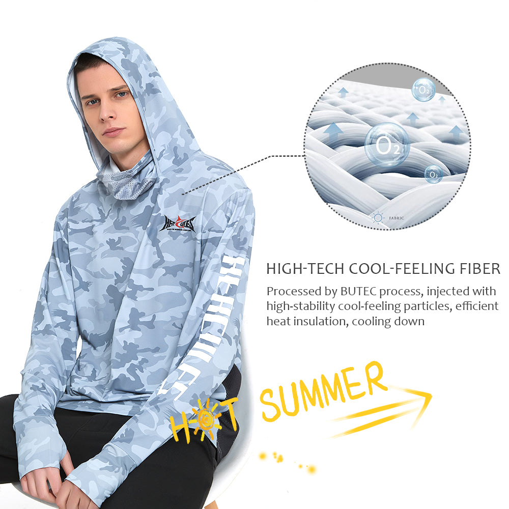 HERCULES with Neck Gaiter Men's Fishing Hoodie Sun Protection Long Sleeve Fishing Shirt Upf 50+ HERCULES