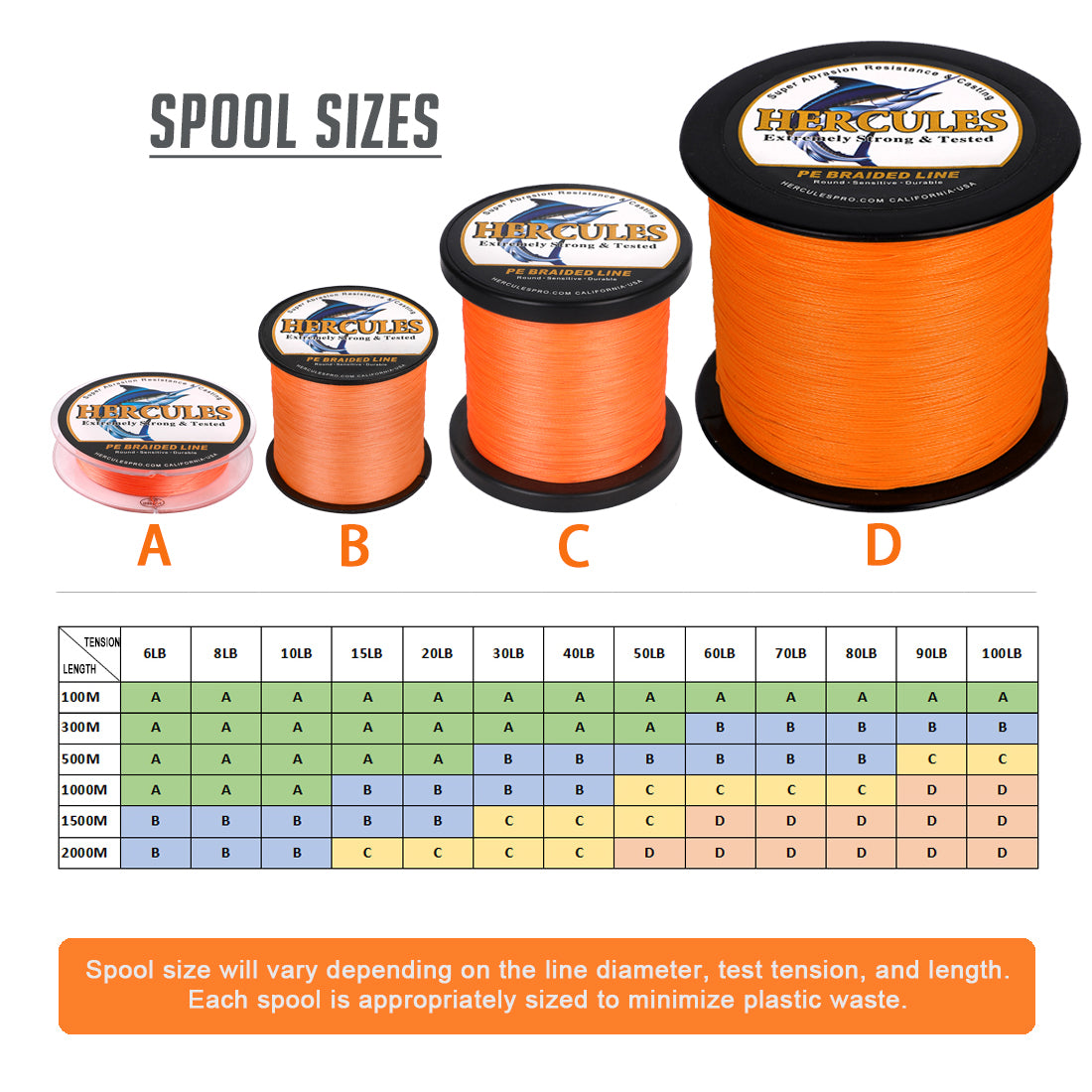 2000M 2187Yds Orange 6lb-100lb HERCULES PE Braid Fishing Line 4 Strands HERCULES