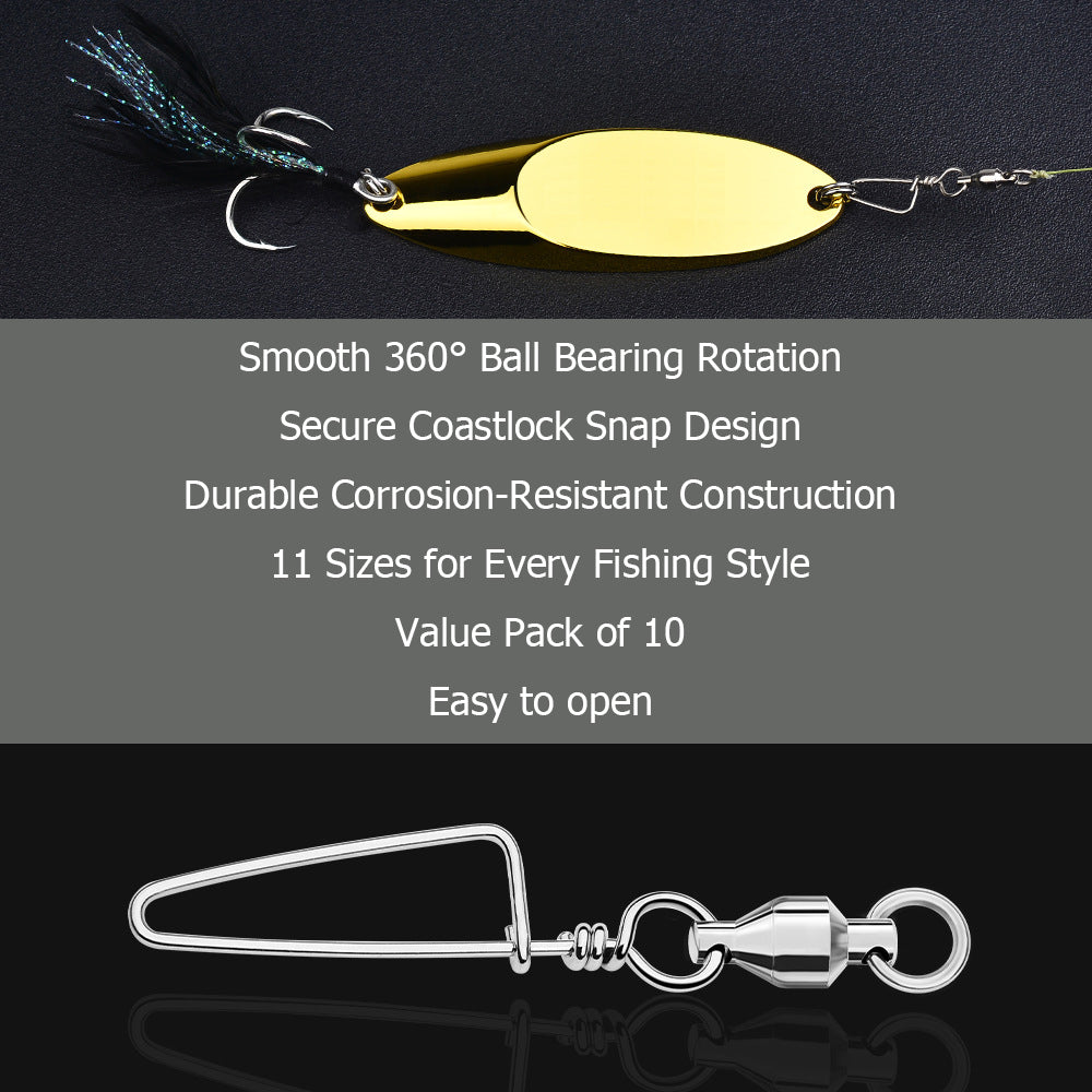 Fishing Ball Bearing Swivels with Coastlock Snaps Pack of 10 HERCULES