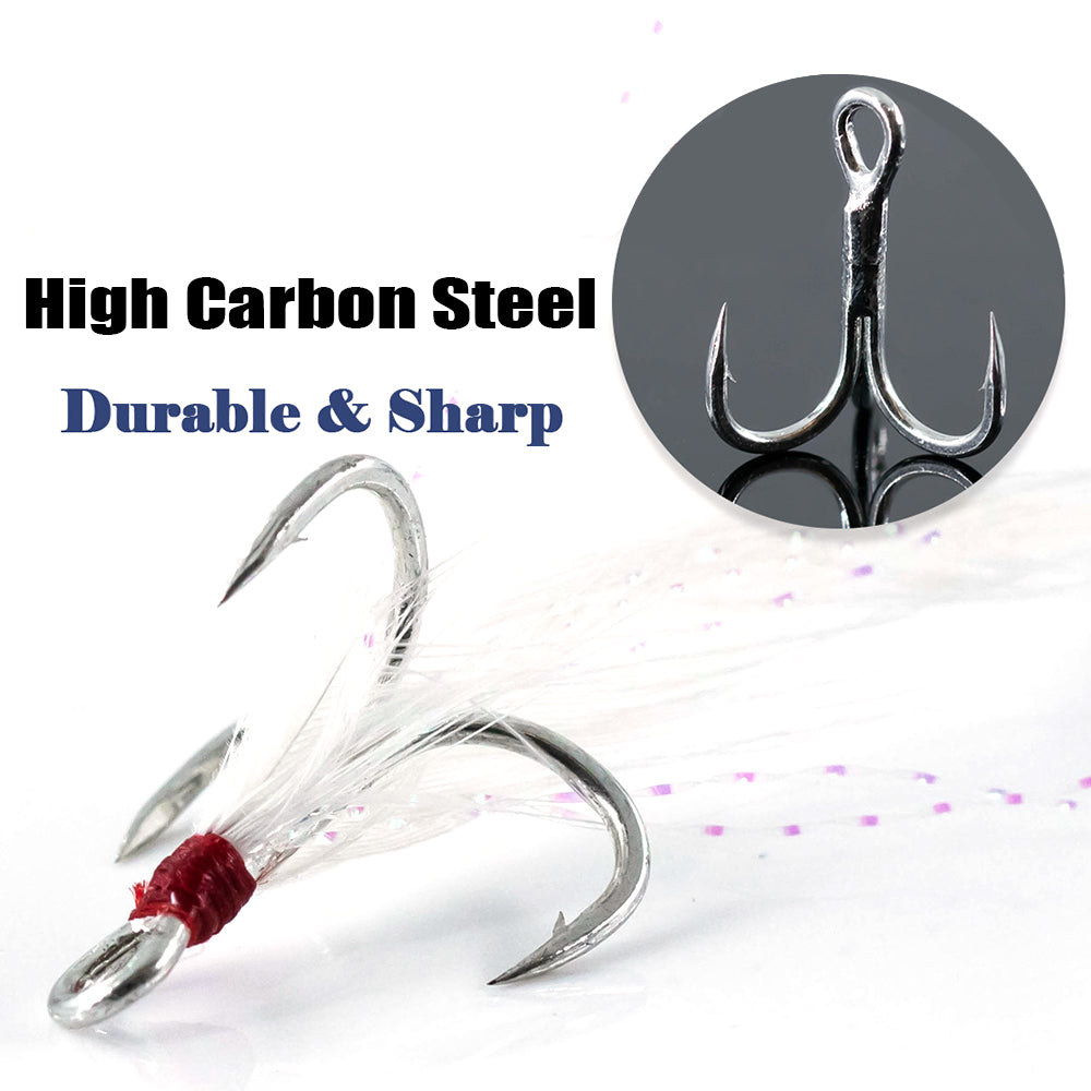 Feathered Treble Hooks – High Carbon Steel Barbed Fishing Hooks with Feathers HERCULES