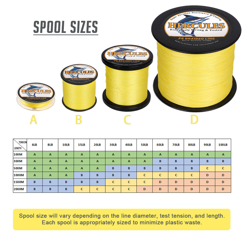 HERCULES 100M-2000M Yellow 6lb-100lb PE Braided Fishing Line 4 Strands HERCULES