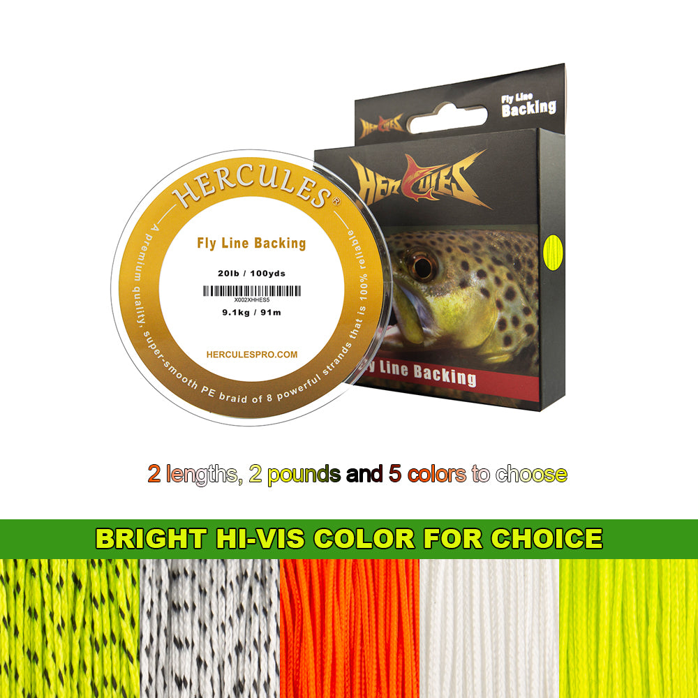 HERCULES Braided Fly Line Backing 20lb 30lb, 100Yds 300Yds, with  Long-Lasting Color Fluorescent Yellow 20LB 100Yds