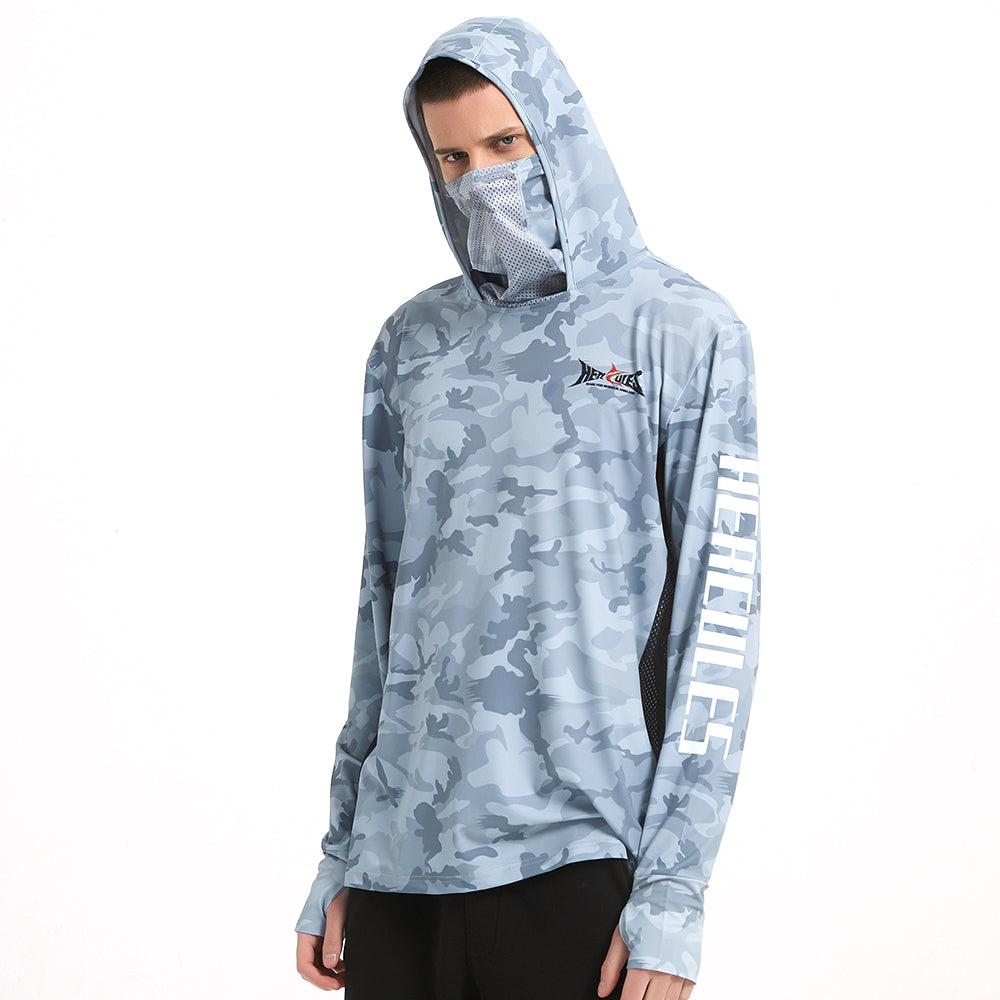 HERCULES with Neck Gaiter Men's Fishing Hoodie Sun Protection Long Sleeve Fishing Shirt Upf 50+ HERCULES