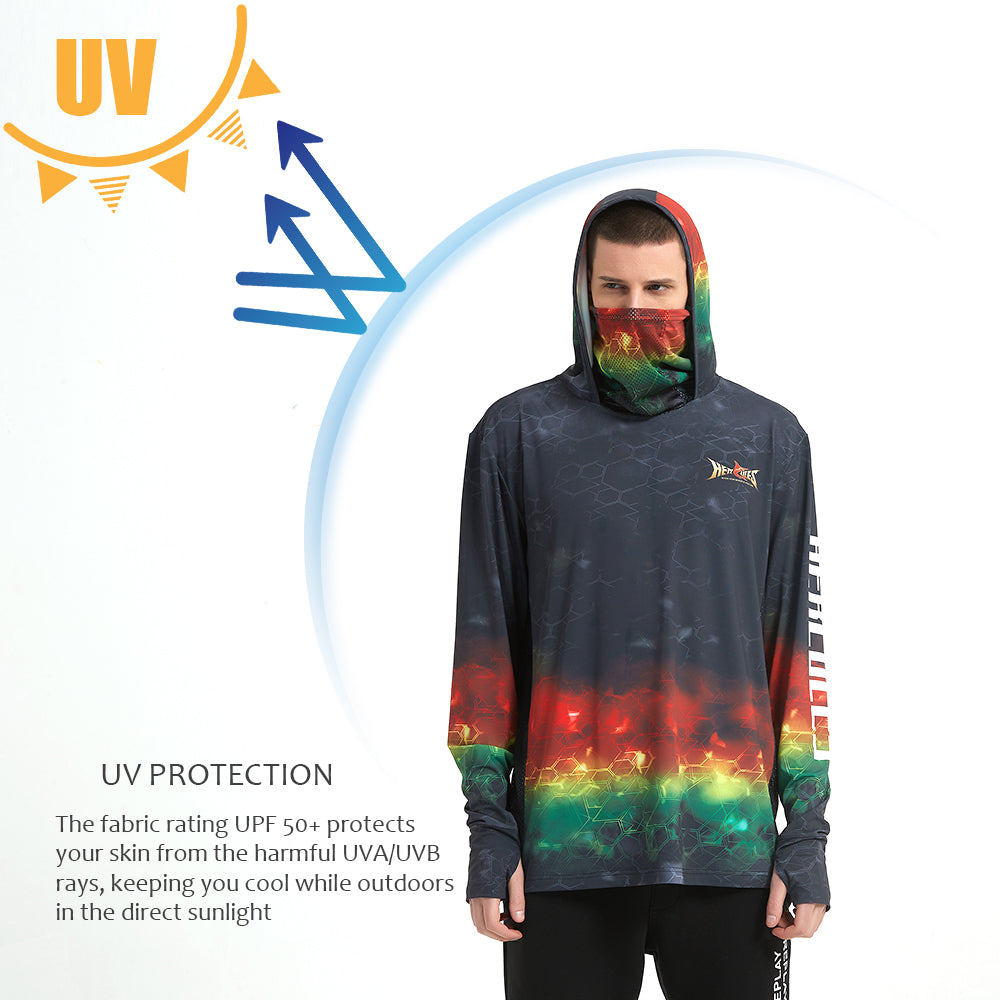 HERCULES with Neck Gaiter Men's Fishing Hoodie Sun Protection Long Sleeve Fishing Shirt Upf 50+ HERCULES