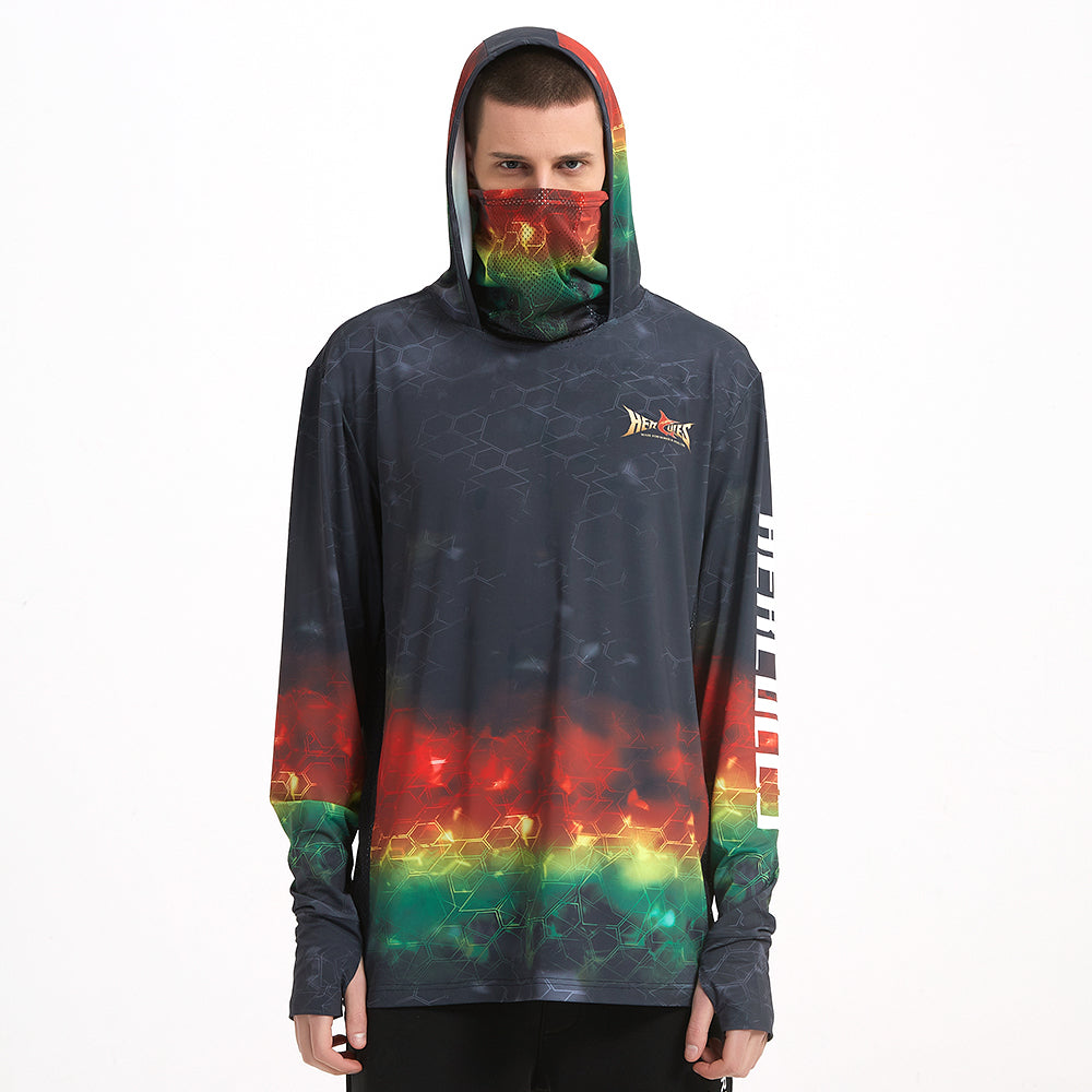 HERCULES with Neck Gaiter Men's Fishing Hoodie Sun Protection Long Sleeve Fishing Shirt Upf 50+ HERCULES