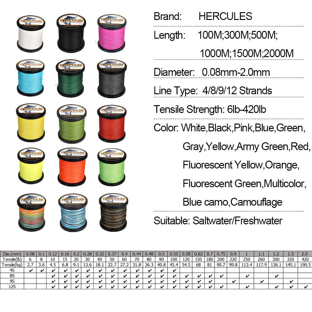 1000M 1094Yds Multicolor 10lb-300lb 8 Strands HERCULES PE Braided