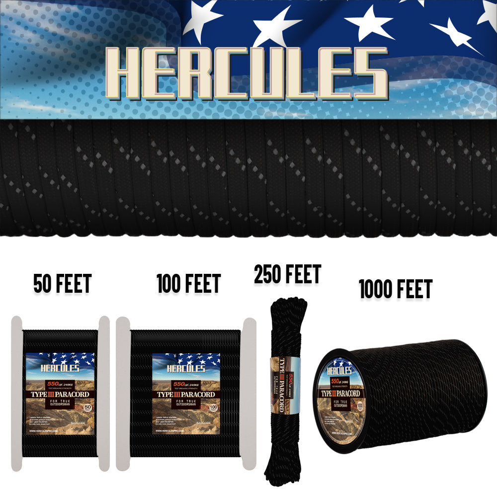 HERCULES Reflective 550 Paracord Black for Camping Rope Type III Parac –  Hercules Fishing Tackle
