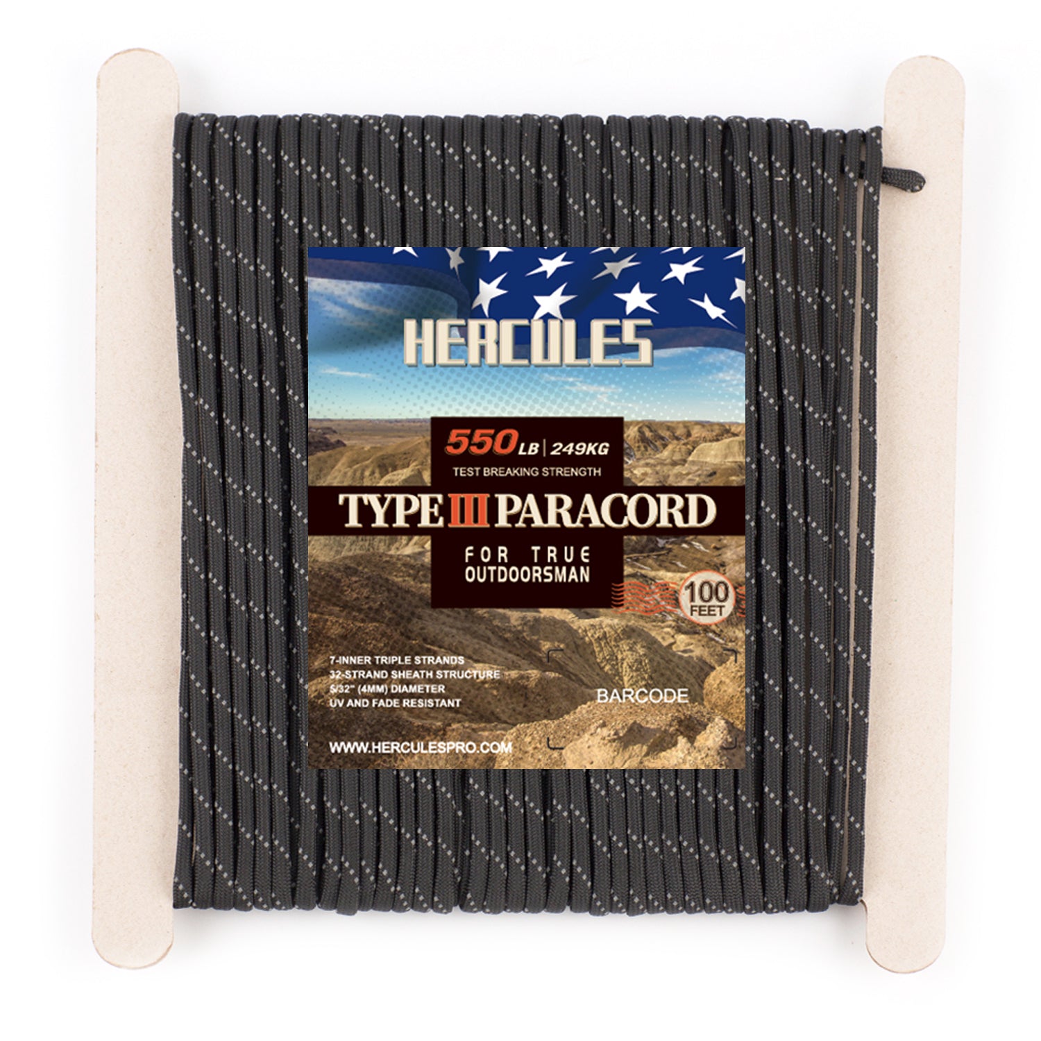 HERCULES Reflective 550 Paracord Black for Camping Rope Type III