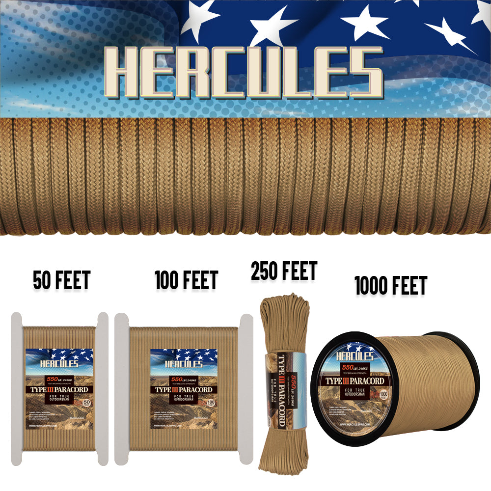 HERCULES 550 Paracord Survival Rope Desert Tan Type III Parachute Cord for Camping HERCULES