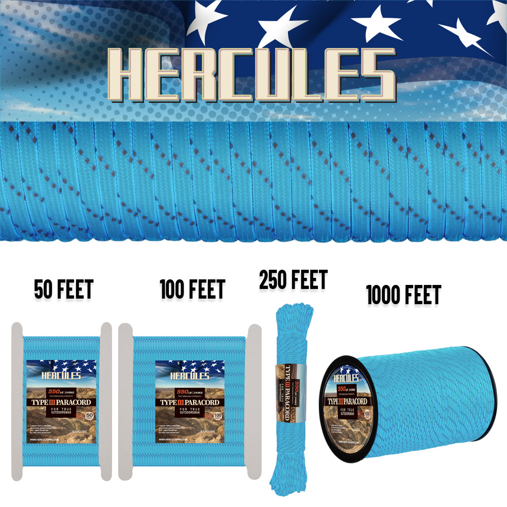 HERCULES Reflective 550 Paracord Lake Blue for Camping Rope Type III Parachute Cord HERCULES