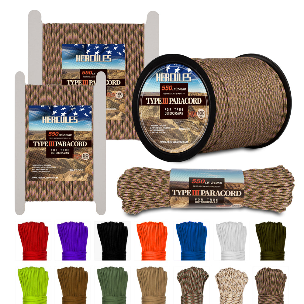 HERCULES 550 Paracord Survival Rope Mixed Camo Type III Parachute Cord for Camping HERCULES