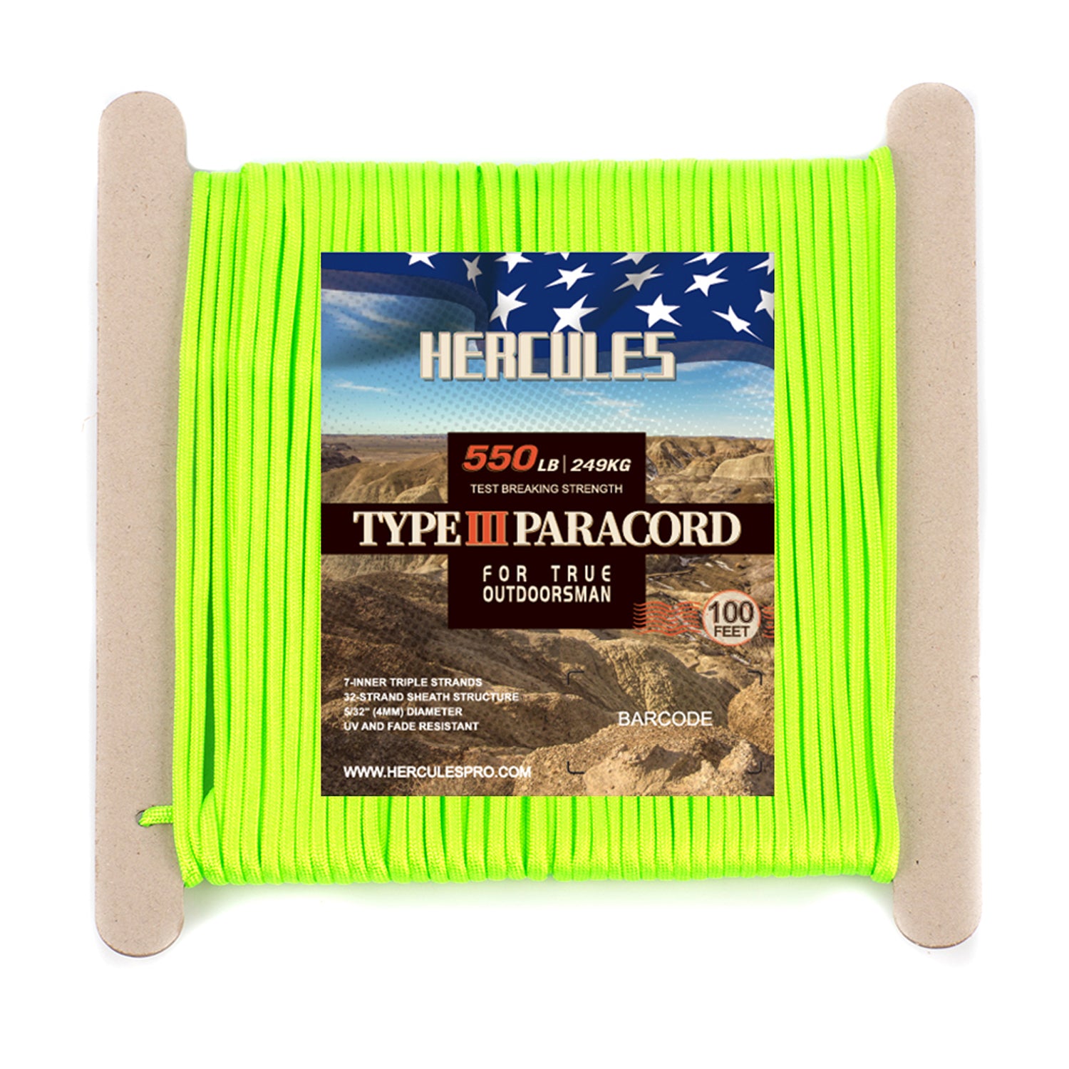 HERCULES 550 Paracord Survival Rope Neon Green Type III Parachute Cord for Camping HERCULES