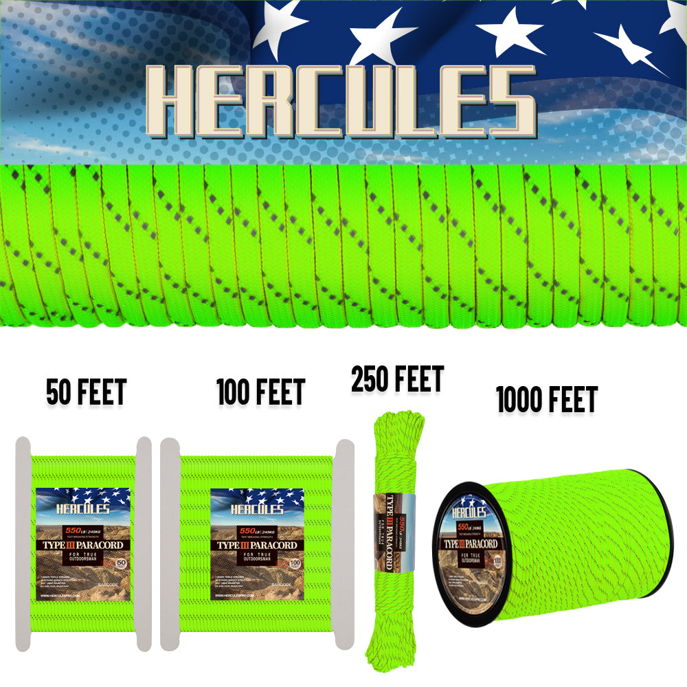 HERCULES Reflective 550 Paracord Neon Green for Camping Rope Type III –  Hercules Fishing Tackle