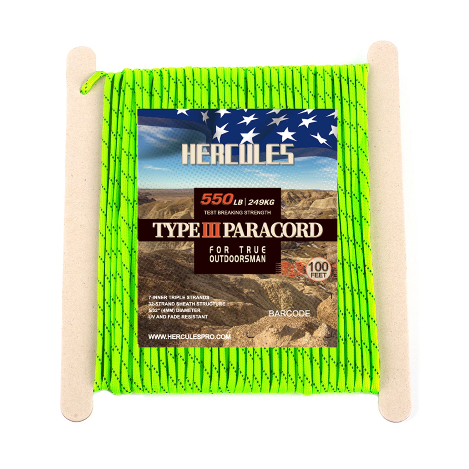 HERCULES Reflective 550 Paracord Neon Green for Camping Rope Type III Parachute Cord HERCULES