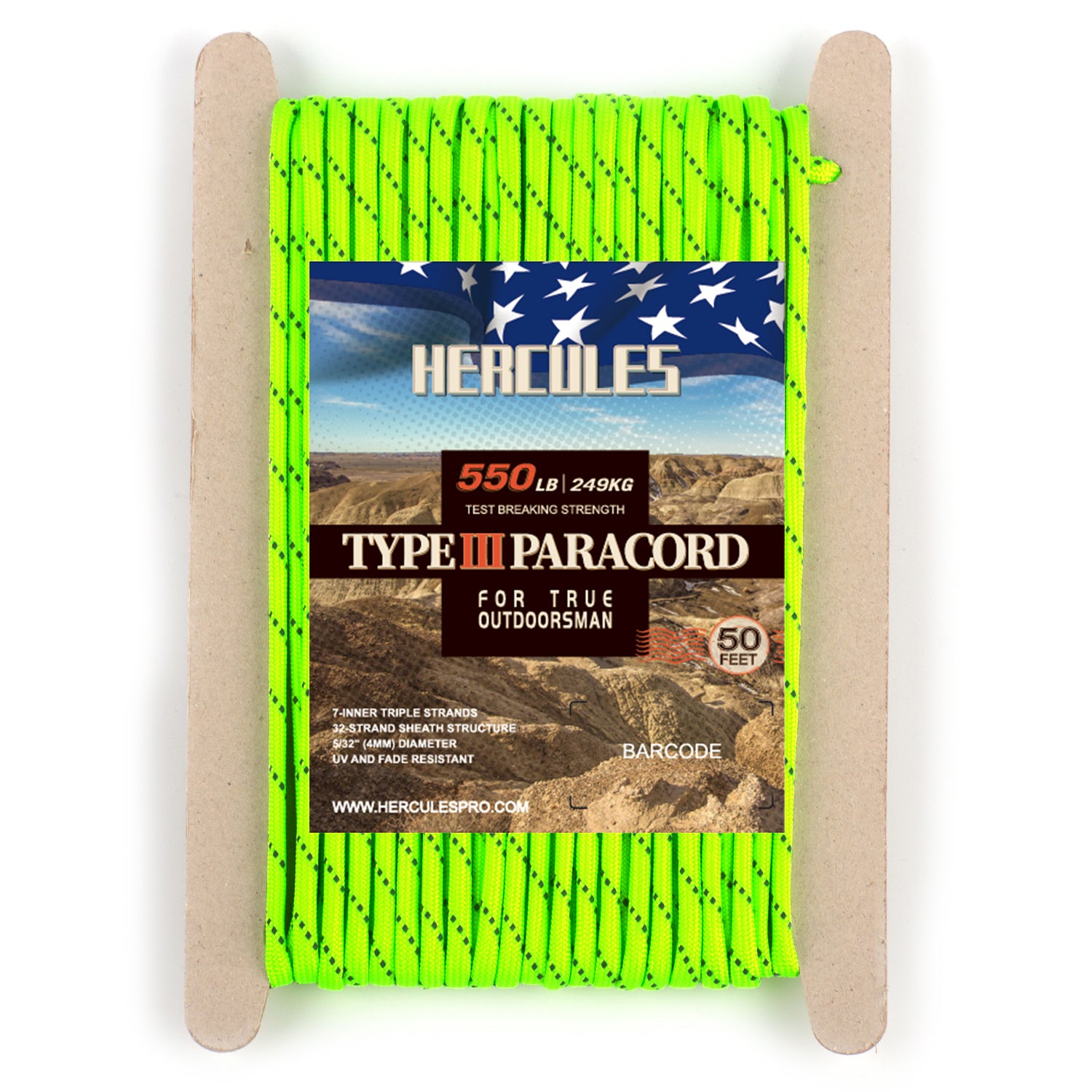 HERCULES Reflective 550 Paracord Neon Green for Camping Rope Type