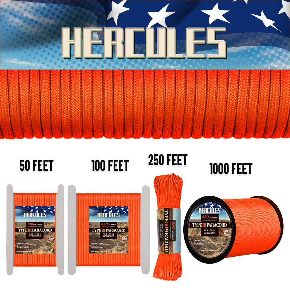 HERCULES 550 Paracord Survival Rope Neon Orange Type III Parachute
