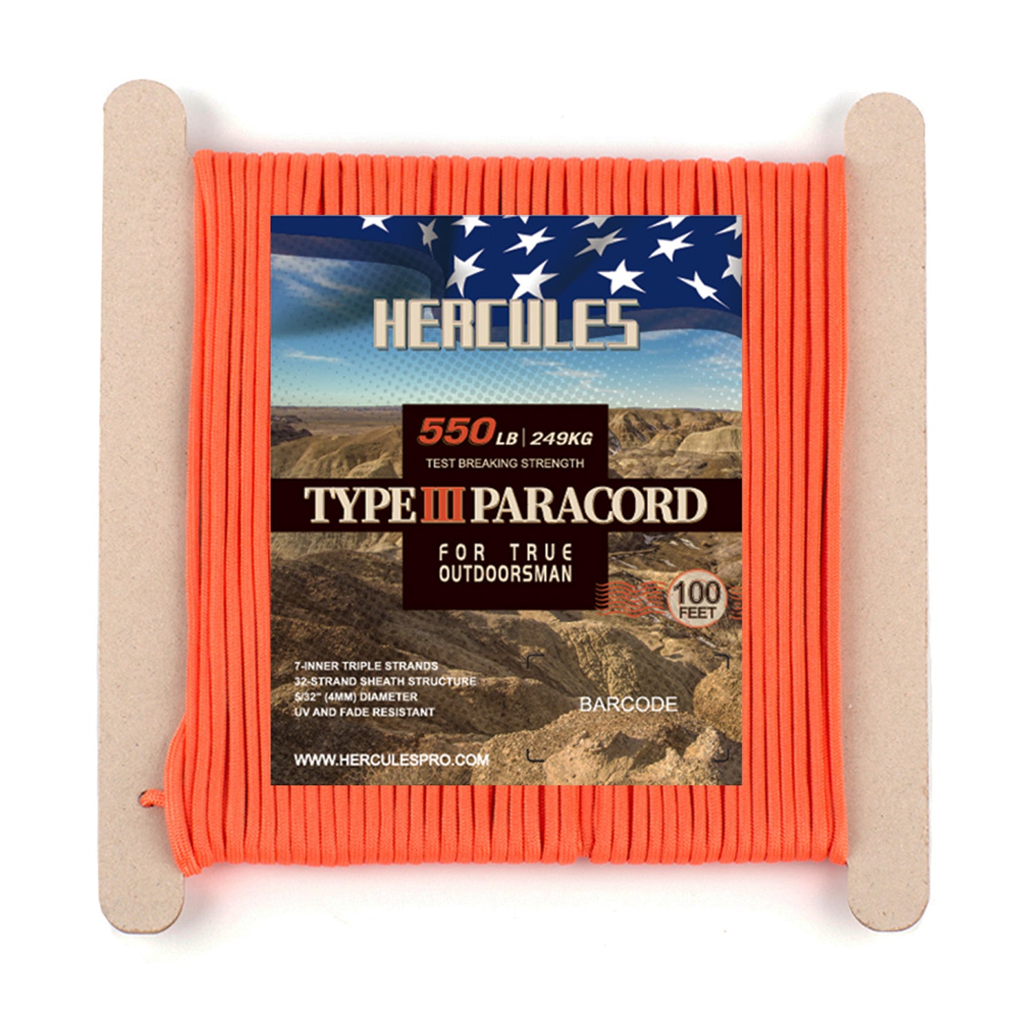 HERCULES 550 Paracord Survival Rope Neon Orange Type III Parachute Cord for Camping HERCULES