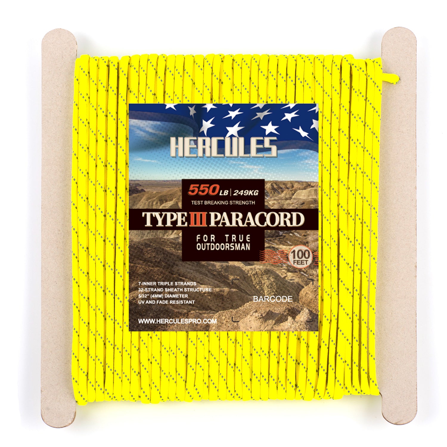 HERCULES Reflective 550 Paracord Neon Yellow for Camping Rope Type III Parachute Cord HERCULES