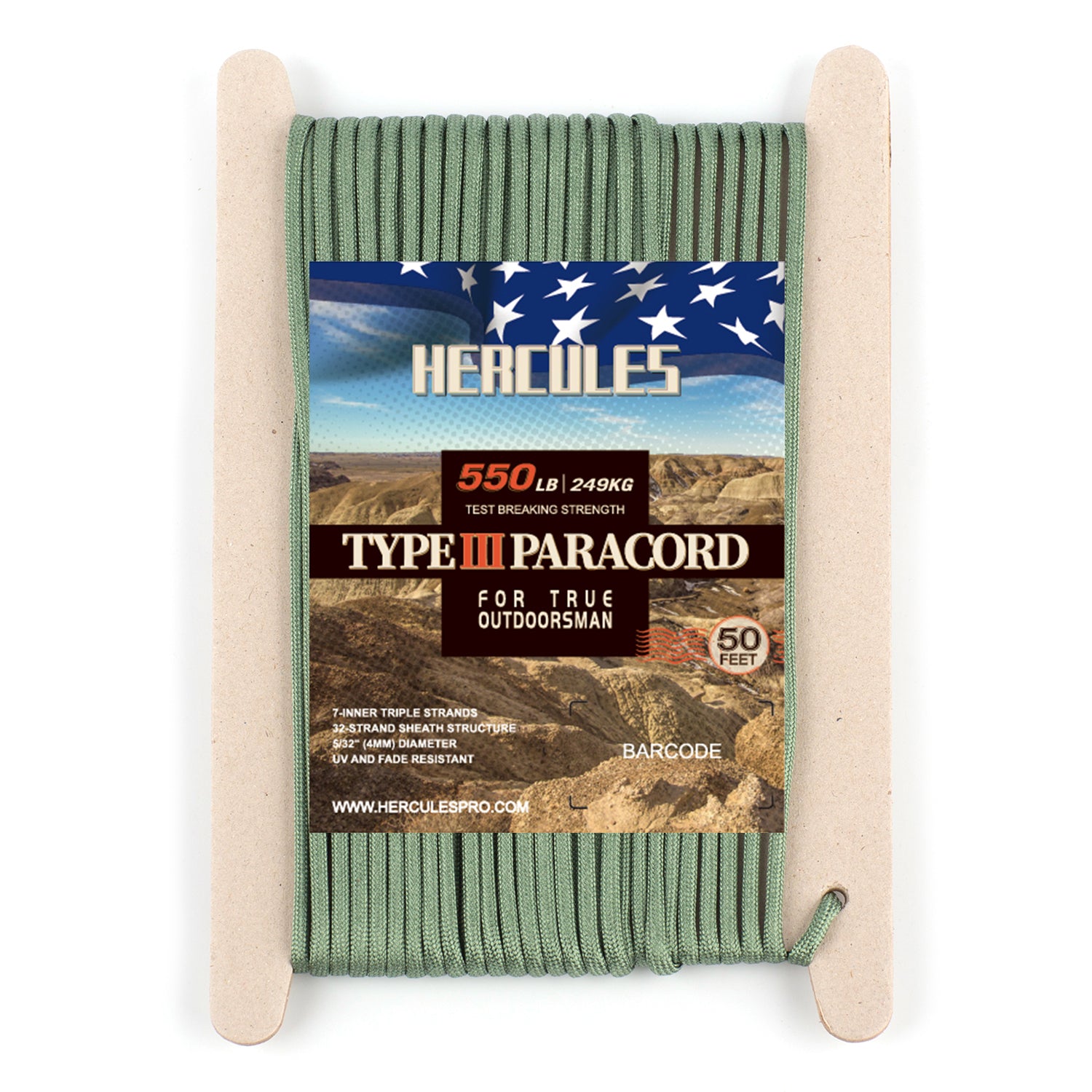 HERCULES 550 Paracord Survival Rope Olive Green Type III Parachute Cord for Camping HERCULES