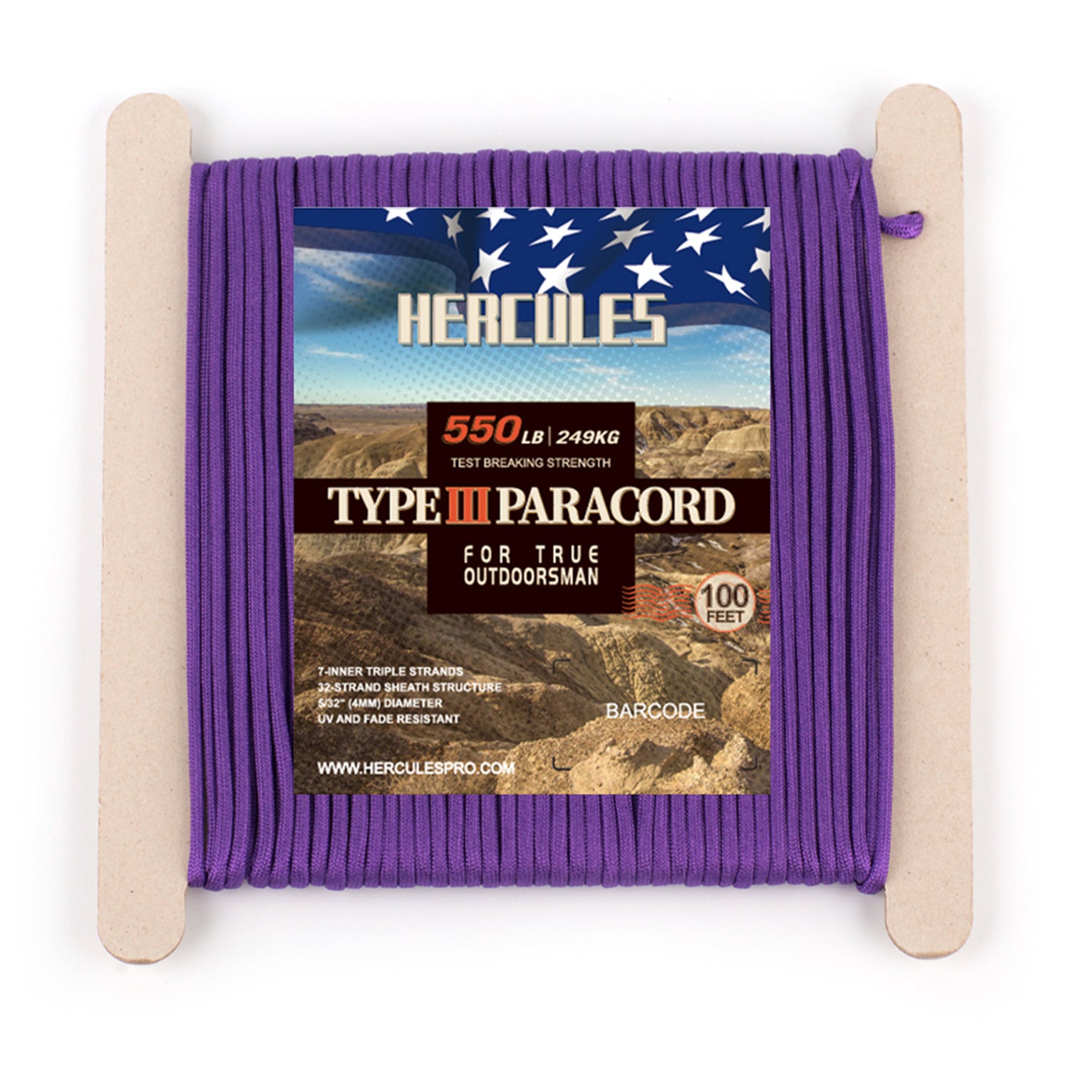 HERCULES 550 Paracord Survival Rope Purple Type III Parachute Cord for Camping HERCULES