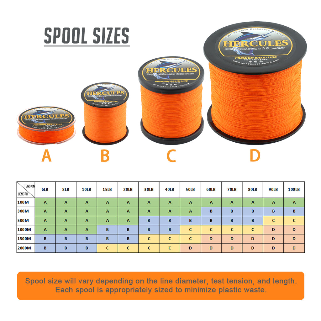HERCULES No Fade Fishing Line Orange 4 Strands 6LB-100LB Super Strong PE Braided Fishing Line HERCULES